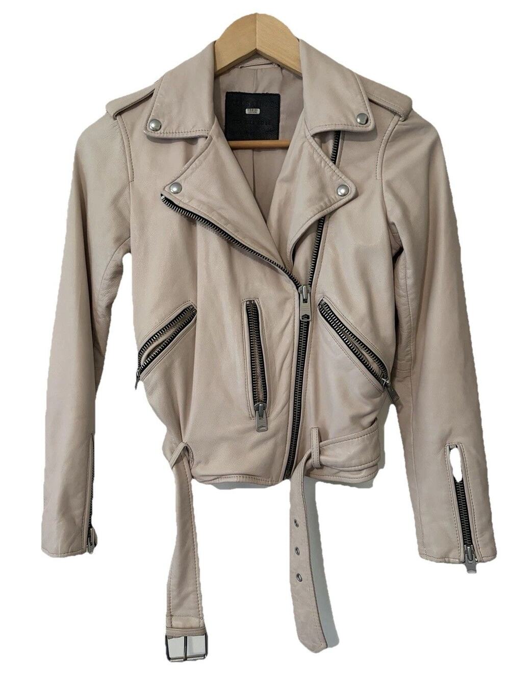 AllSaints Balfern Blush Muted Pink Sheep Leather Biker Jacket Crop Belt US 2 XS